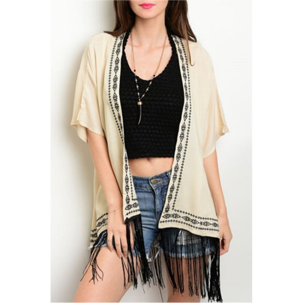 🆕 Cream Fringes Embroider Kimono